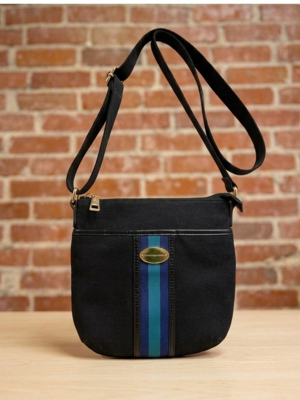 TOMMY HILFIGER crossbody bag small purse designer black and blue stripes